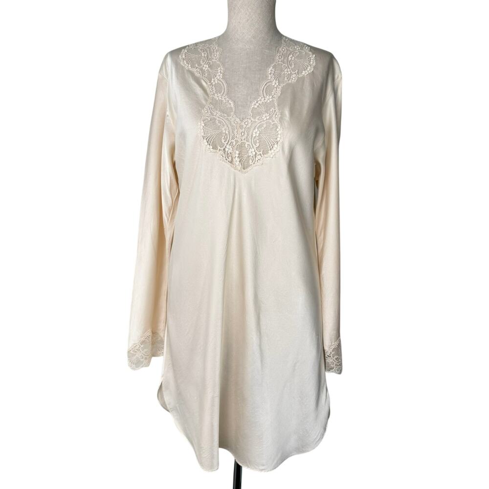 Vintage Lace Trim Nightgown Slip Dress Soft Peach Tunic Top Boudoir